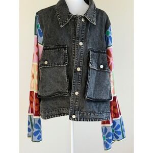 Davi & Dani Denim Jacket Black Knit Floral Sleeve Boho Hippie Y2K Textured XL
